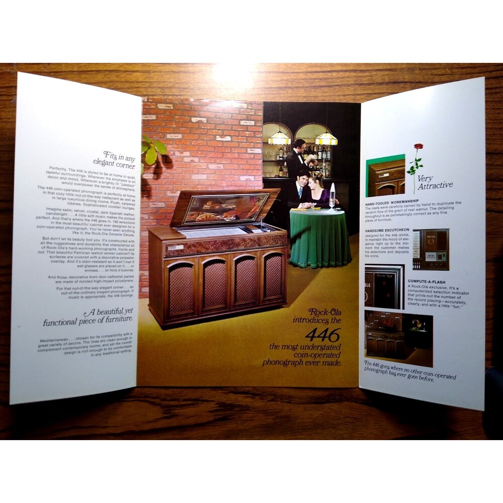 Rock-Ola 446 Lowboy Jukebox Flyer 1971 Phonograph Music Brochure Foldout